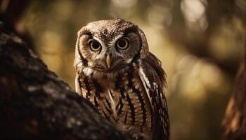 Great horned owl perching on snowy branch generated by AI photo