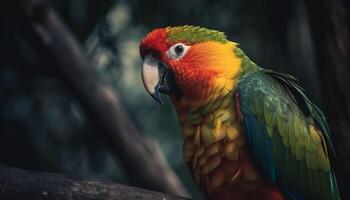 The scarlet macaw perches on a branch generated by AI photo