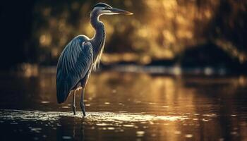 gris garza en pie en tranquilo estanque reflexión generado por ai foto