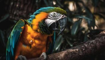 Vibrant scarlet macaw perched on tropical branch generated by AI photo