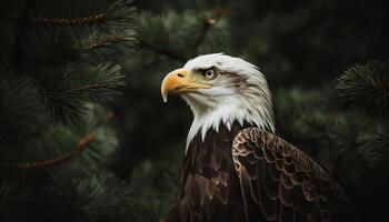 Majestic bald eagle perching on winter branch generated by AI photo