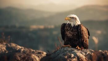 Majestic bald eagle perching on winter mountain generated by AI photo