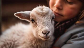 sonriente caucásico niño con linda cabra retrato generado por ai foto