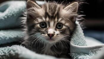 Playful kitten staring, charming with soft fur generated by AI photo