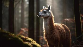 linda alpaca pasto en rural prado, lanoso lana generado por ai foto