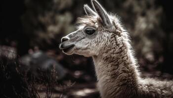 Cute alpaca grazing in meadow, fluffy fleece generated by AI photo