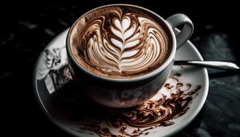 A frothy cappuccino in a heart shaped saucer generated by AI photo