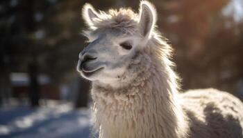 Fluffy alpaca poses for portrait in snow generated by AI photo