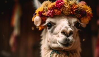 linda alpaca sonriente para el cámara, lanoso decoración generado por ai foto
