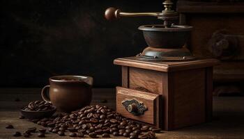 Freshly ground coffee beans, old fashioned handle, rustic charm generated by AI photo