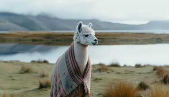 Cute alpaca stands in tranquil mountain meadow generated by AI photo