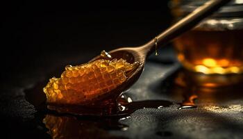Fresh organic honey pouring from honeycomb cell generated by AI photo