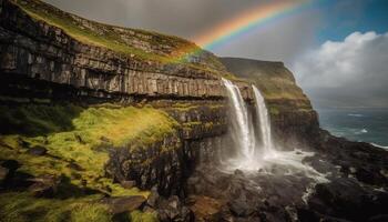 Majestic rainbow over rocky coastline, nature beauty generated by AI photo