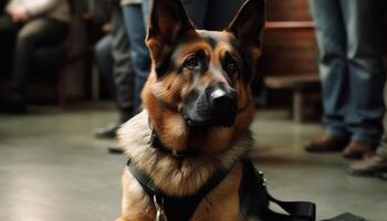 Purebred German Shepherd sitting, looking at camera generated by AI photo