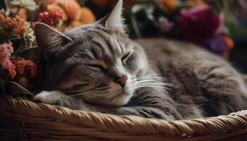 Fluffy kitten sleeping in cozy basket indoors generated by AI photo