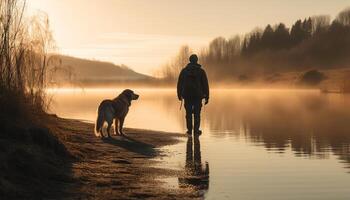 Silhouette of men and dog walking at dawn generated by AI photo