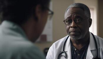 Two mature men in lab coats discussing medicine generated by AI photo