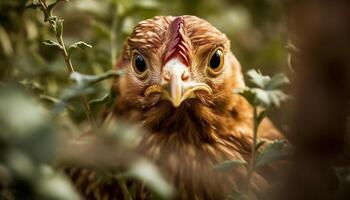 Free range chicken peeks out of coop generated by AI photo