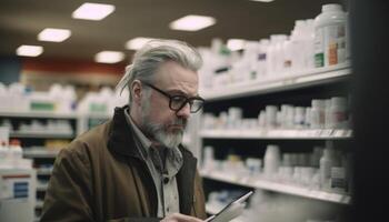 Senior pharmacist expertly serves mature adult customer generated by AI photo