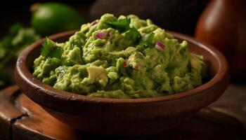 Fresco guacamole aderezo, un sano vegetariano aperitivo generado por ai foto