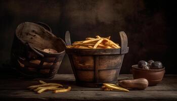 Rustic table holds organic meal, fresh fruit stack generated by AI photo