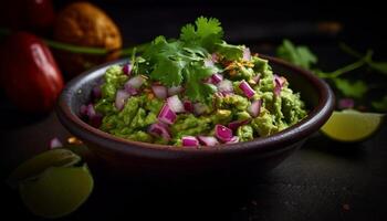 Fresh gourmet salad with organic vegetables and guacamole generated by AI photo