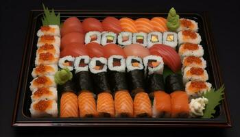 Fresh seafood plate with maki sushi rolls generated by AI photo