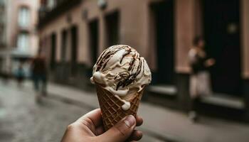 Hand holding chocolate ice cream cone, indulgence generated by AI photo