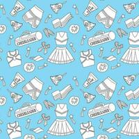 Set of cheerleading elements,  banner, poster, vector illustration. Seamless pattern on blue background. Support football team.Megaphone, pompom, cheerleding uniform.