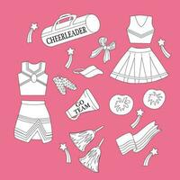 Set of cheerleading elements,  banner, poster, vector illustration. Megaphone, pompom, cheerleding uniform. Handdrawn style.