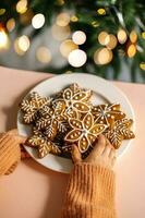 Ginger Christmas cookies in children's hands on the background of the Christmas tree. photo