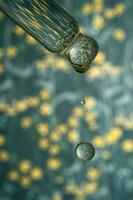 A dripping pipette with a drop of cosmetics gel. photo