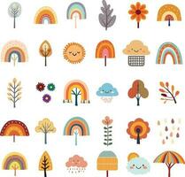 Set of cute boho rainbows collection with autumn colours Scandinavian style. vector