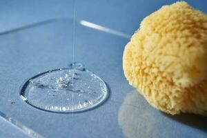 A natural sponge and a drop of gel or shampoo on a blue background. photo