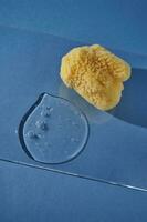 un natural esponja y un soltar de gel o champú en un azul antecedentes. foto
