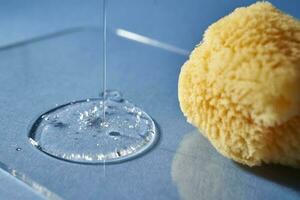 A natural sponge and a drop of gel or shampoo on a blue background. photo