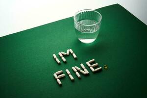 Capsules formed into the inscription I'm fine on a green background with a glass of water. photo