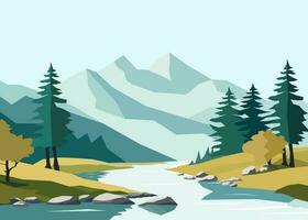 Panorama of spring summer beautiful nature, green grasslands meadow, forest, and river, mountains on horizon background landscape vector illustration