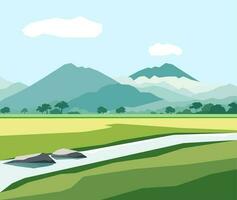 hermosa campo de arroz paisaje con montañas y río vector ilustración