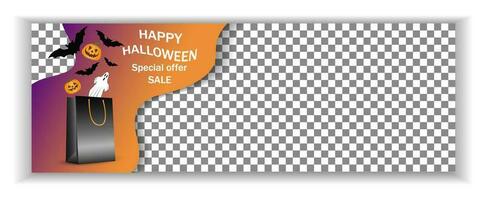 Horizontal wide banner, mockup, template for Halloween sale and advertising with place for text, copy space. With gift bag and bats