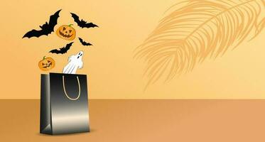 Podium for the presentation of goods on an orange studio background, with a gift bag for shopping, the concept of Halloween sales, bats and pumpkin lanterns, shopping, product advertising