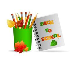 Concept of return to school, knowledge day, September 1, school supplies in a pocket, multi-colored bright stationery. On white background with shadow and copy space