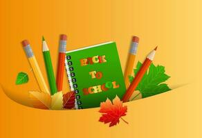 Concept of return to school, knowledge day, September 1, school supplies in a pocket, multi-colored bright stationery. On white background with shadow and copy space