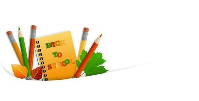 Wide banner, concept of return to school, knowledge day, September 1, school supplies in a pocket, multi-colored bright stationery. On white background with shadow and copy space