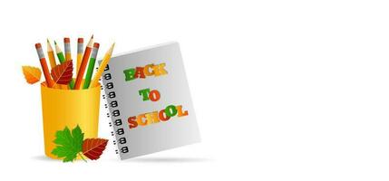 Wide banner, concept of return to school, knowledge day, September 1, school supplies in a pocket, multi-colored bright stationery. On white background with shadow and copy space vector