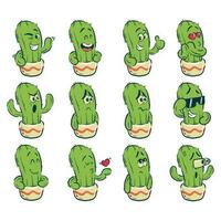 Cute Cartoon Happy Cactus Varius Emotions Collection Illustration Vector