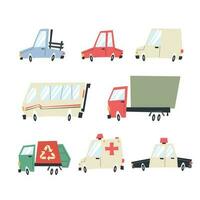 divertido vehículos en dibujos animados estilo, muy divertido camiones y carros, infalible ilustración vector