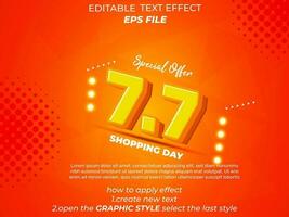 7.7 shopping day anniversary text effect, 3d text, editable for commercial promotion vector