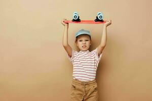 cute girl with a children's skateboard in hand smile Lifestyle unaltered photo