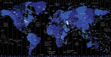 Worldwide map of local time zones illustration with black background. vector